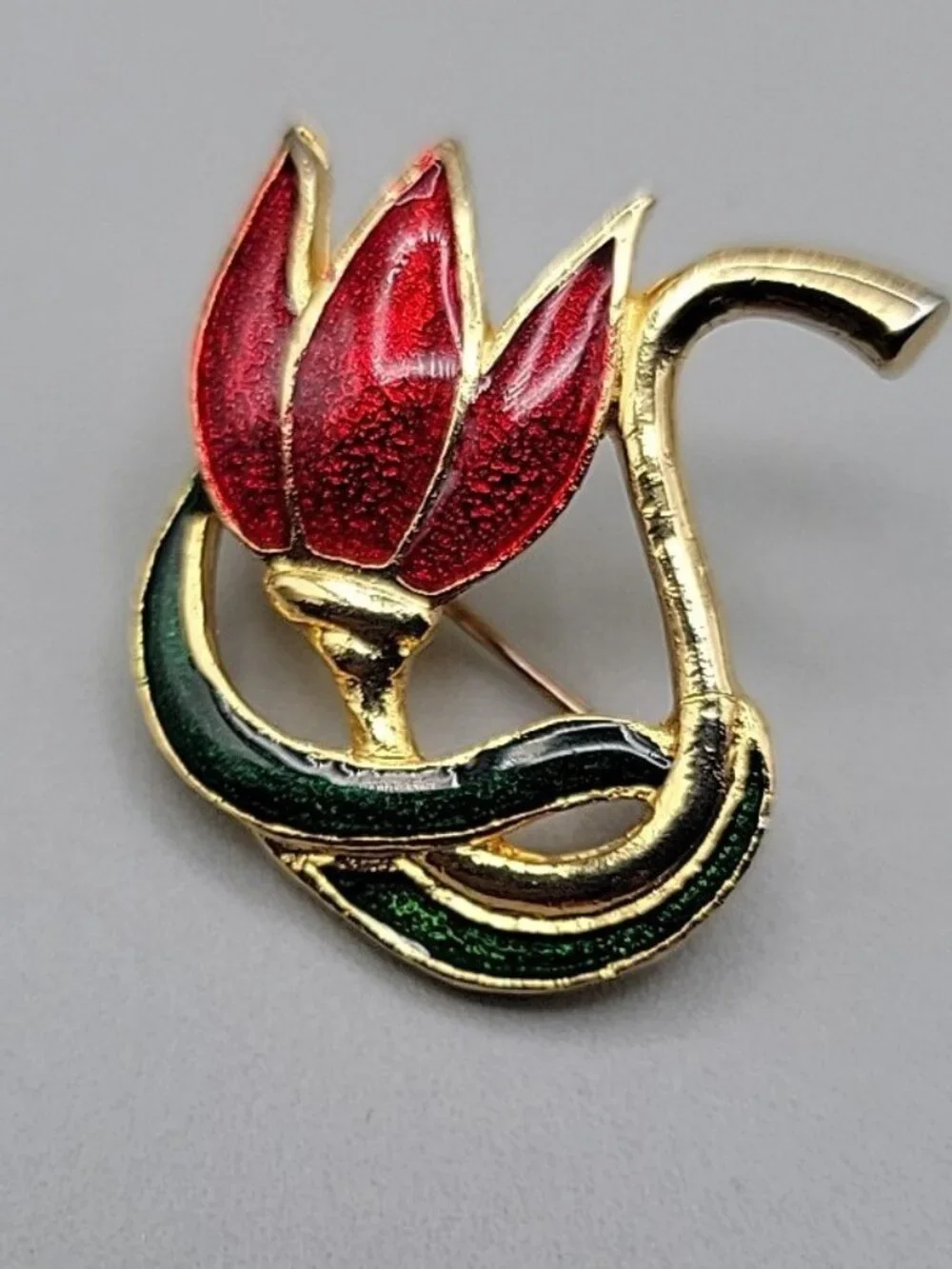 SFJ Swirl Tulip Brooch Enamel Gold Tone Red Petals Green Stem Leaf Vintage